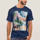 ロマンチックな月明かりの水彩夜景 Tシャツ (正面)