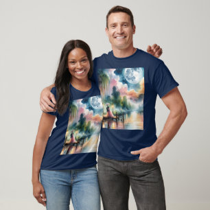 ロマンチックな月明かりの水彩夜景 Tシャツ