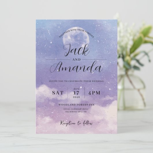 ロマンチックな月明かりの水色の結婚式招待状 招待状 (スタンド正面)