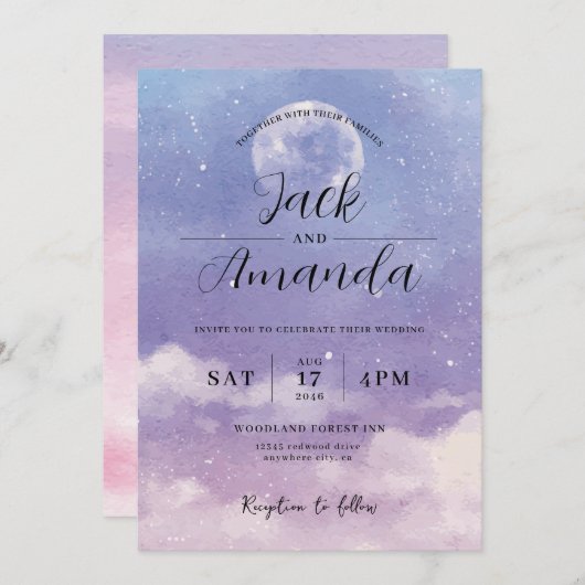 ロマンチックな月明かりの水色の結婚式招待状 招待状 (正面/裏面)