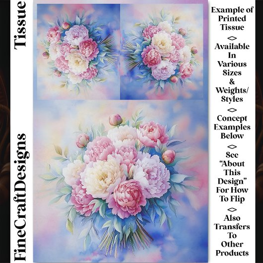 ロマンチックな柔らかい水の色の牡丹CR3 Decopage 薄葉紙