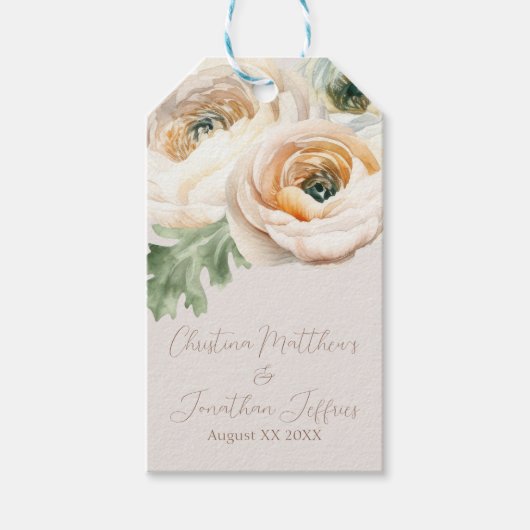 ロマンチックな桃色のキンポウゲ（ラナンキュラス） - アイボリー ギフトタグ (正面)