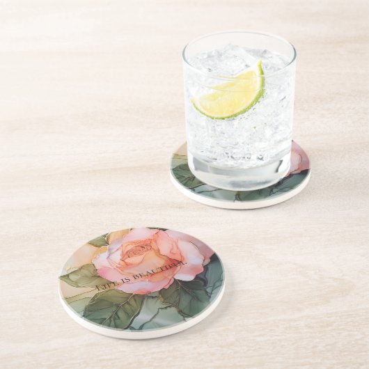 ロマンチックな桃色のバラの花のブライダルシャワー コースター (側面)