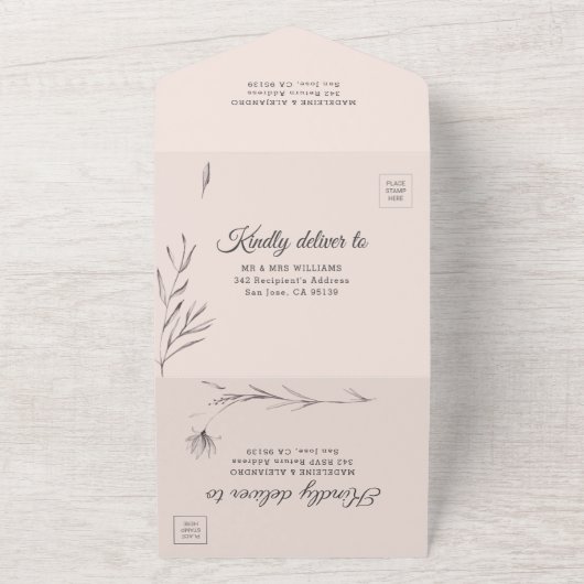 ロマンチックな桃&グレーフローラエレガントな結婚式 オールインワン招待状 (外側)