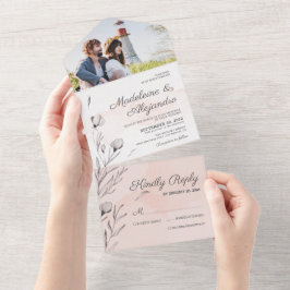 ロマンチックな桃&グレーフローラエレガントな結婚式 オールインワン招待状