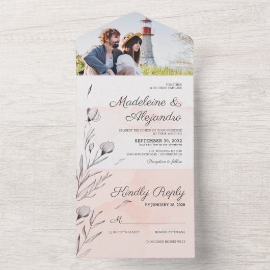 ロマンチックな桃&グレーフローラエレガントな結婚式 オールインワン招待状 (内側)