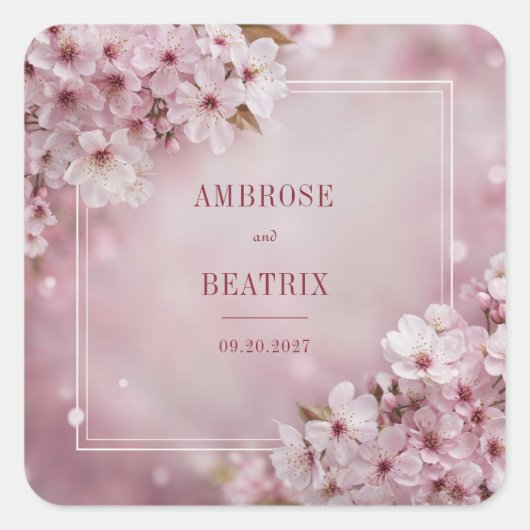 ロマンチックな桜結婚ブロッサムのステッカー スクエアシール (正面)
