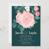 ロマンチックな森の緑のピンクのバラのフローラ結婚の 招待状 (正面)