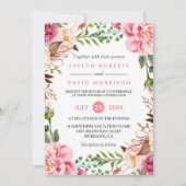 ロマンチックな植物性ピンク結婚フローラお祝い 招待状 (正面)