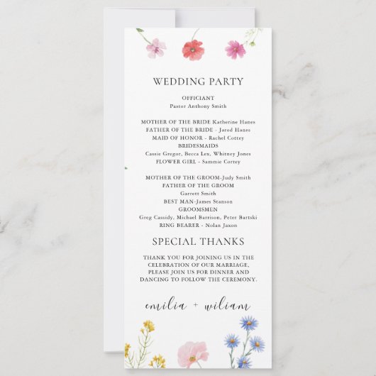 ロマンチックな植物野草花結婚式 プログラムカード (裏面)