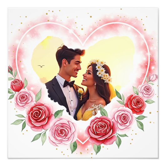 ロマンチックな水の色のハートと金ゴールドきらめき フォトプリント            (正面)