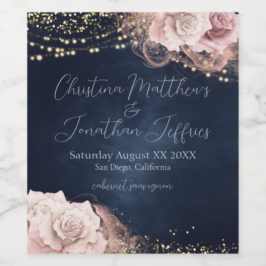 ロマンチックな水の色のバラは暗い海軍結婚の ワインラベル (シングルラベル)