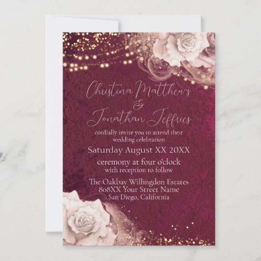 ロマンチックな水の色のバラオンブルゴーニュ 招待状 (正面)