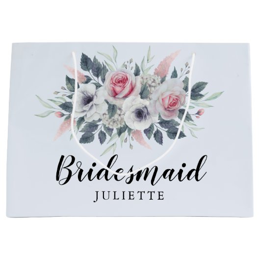 ロマンチックな水の色のバラフローラブルーブライドメイド ラージペーパーバッグ (正面)