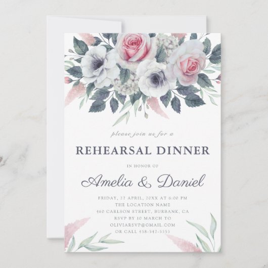 ロマンチックな水の色のバラブルーリハーサルディナー 招待状 (正面)