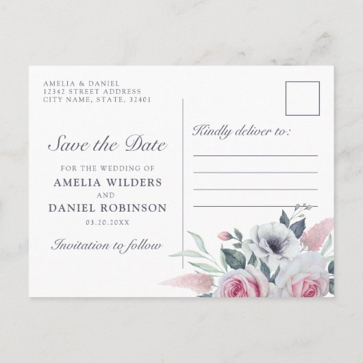 ロマンチックな水の色のバラライトブルー日付を保存 案内ポストカード (裏面)