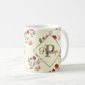 ロマンチックな水の色のバラヴィンテージパターンモノグラム コーヒーマグカップ (正面右)