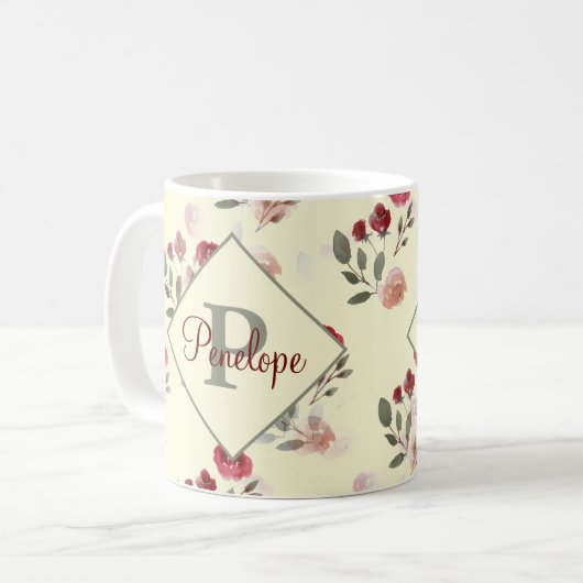 ロマンチックな水の色のバラヴィンテージパターンモノグラム コーヒーマグカップ (正面左)