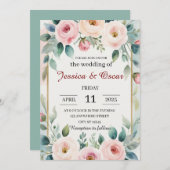 ロマンチックな水の色のフローラ結婚リース 招待状 (正面/裏面)