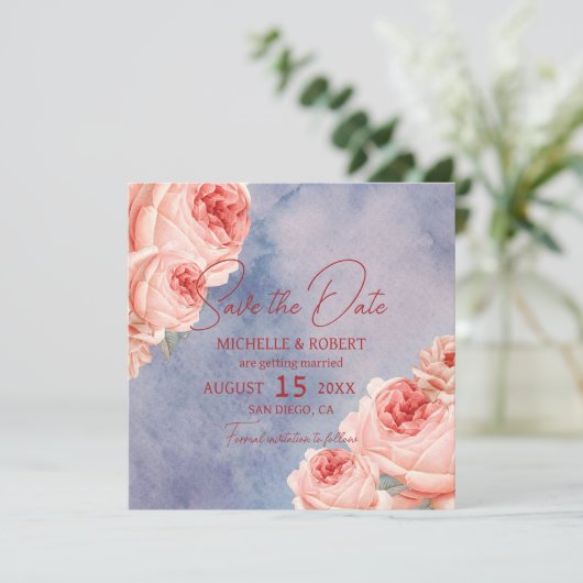 ロマンチックな水の色のフローラ結婚式の日付を保存 招待状 (スタンド正面)