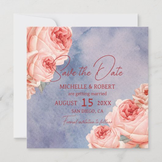 ロマンチックな水の色のフローラ結婚式の日付を保存 招待状 (正面)