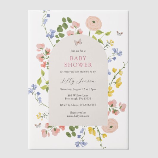 ロマンチックな水の色のフローラ赤ちゃんシャワー ベラム紙招待状 (正面)