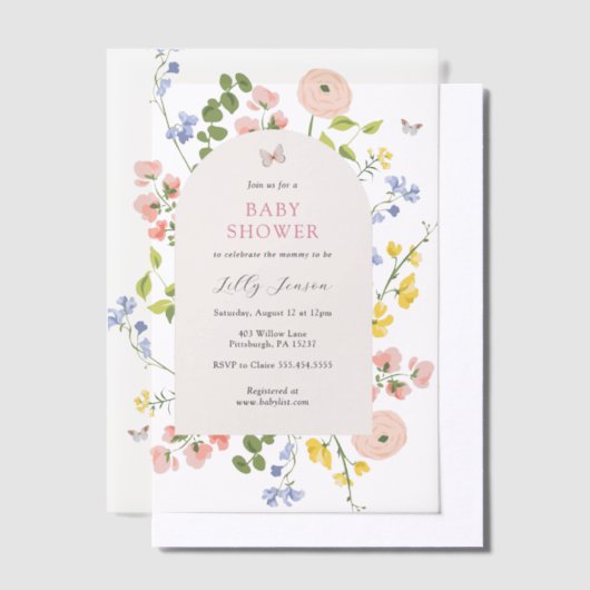 ロマンチックな水の色のフローラ赤ちゃんシャワー ベラム紙招待状 (オフセット)
