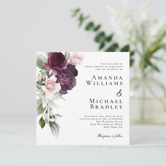 ロマンチックな水の色のボタニッ結婚クス 招待状 (スタンド正面)