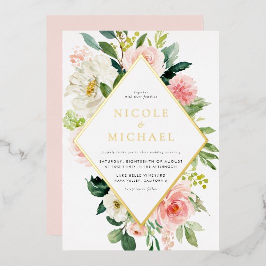 ロマンチックな水の色の庭の結婚花 箔招待状 (正面/裏面)