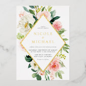 ロマンチックな水の色の庭の花QRコード結婚ズ 箔招待状 (正面)