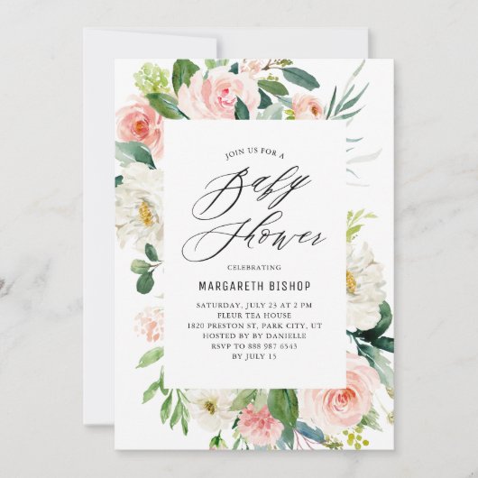 ロマンチックな水の色の桃の花模様ベビーシャワー 招待状 (正面)