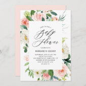 ロマンチックな水の色の桃の花模様ベビーシャワー 招待状 (正面/裏面)