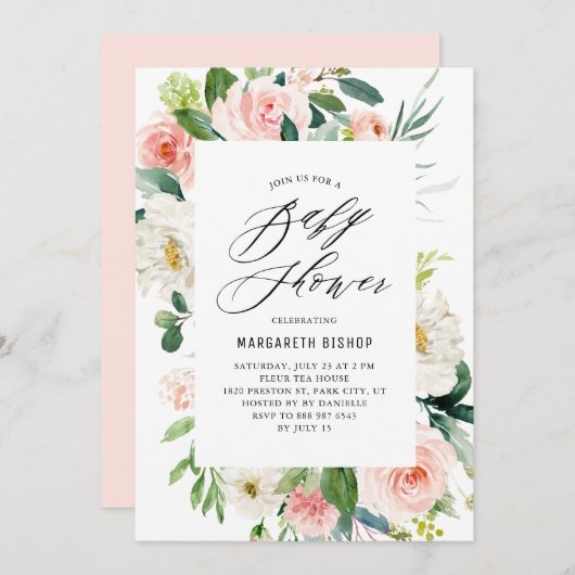 ロマンチックな水の色の桃の花模様ベビーシャワー 招待状 (正面/裏面)