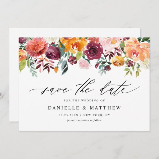 ロマンチックな水の色の秋の開花フローラQRコード セーブザデート (正面/裏面)