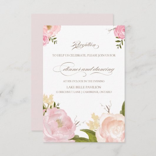 ロマンチックな水の色の花ウェディングレセプションカード 招待状 (正面/裏面)