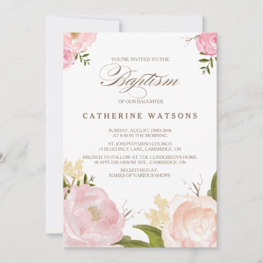 ロマンチックな水の色の花バプテスマ招待状 招待状 (正面)