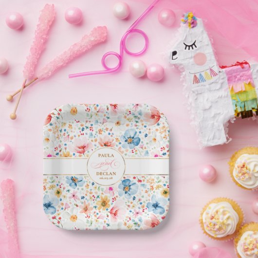 ロマンチックな水の色の花ボホ庭園の結婚式 ペーパープレート (パーティー)