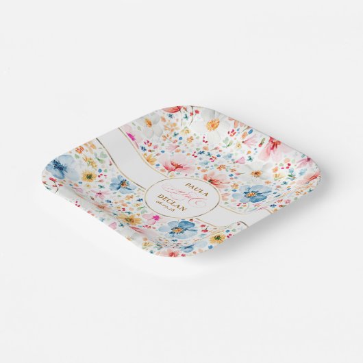 ロマンチックな水の色の花ボホ庭園の結婚式 ペーパープレート (傾斜あり)