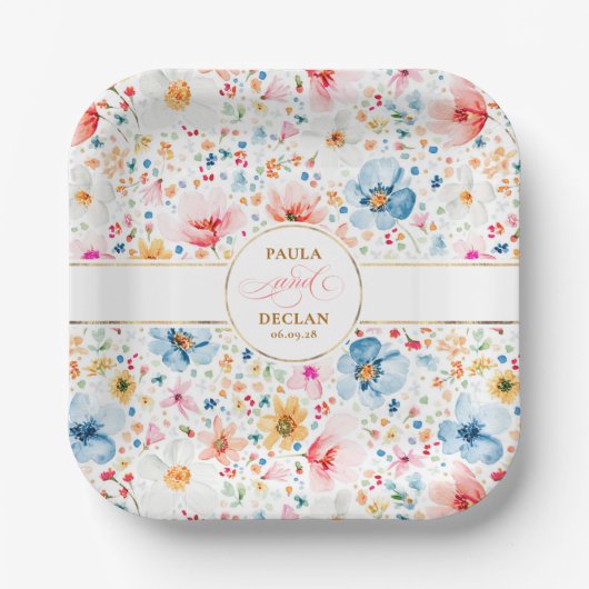 ロマンチックな水の色の花ボホ庭園の結婚式 ペーパープレート (正面)