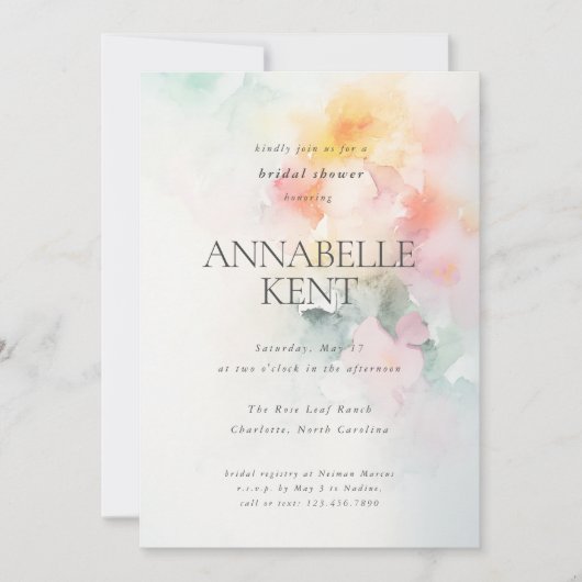 ロマンチックな水の色の花模様抽象芸術ブライダルシャワー 招待状 (正面)