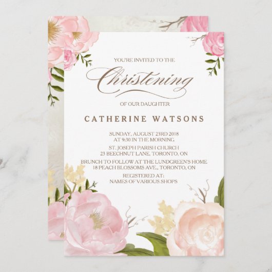 ロマンチックな水の色の花《キリスト教》洗礼式や命名式写真 招待状 (正面/裏面)