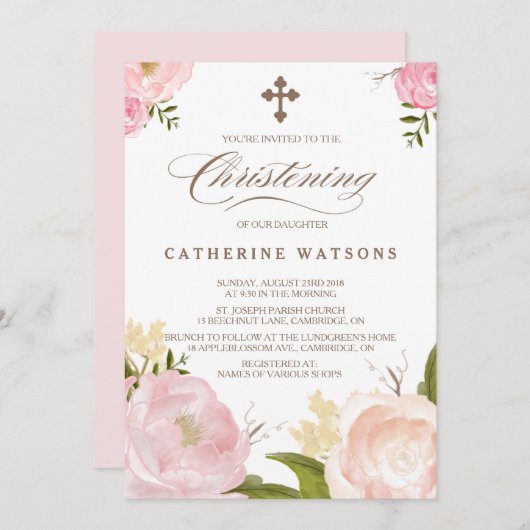 ロマンチックな水の色の花&クロス《キリスト教》洗礼式や命名式 招待状 (正面/裏面)