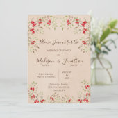 ロマンチックな水の色の赤いベリーの結婚スクリプト 招待状 (スタンド正面)