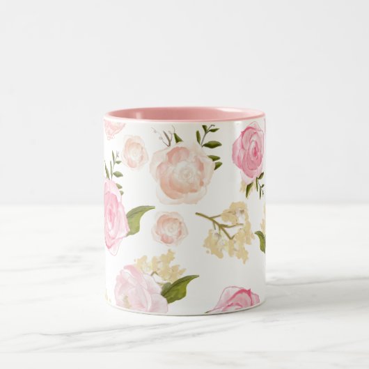 ロマンチックな水の色の赤面牡丹フローラルパターン ツートーンマグカップ (中央)