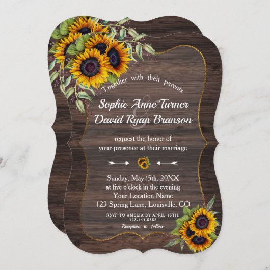 ロマンチックな水の色ひまわりウッドズ結婚ーズ 招待状 (正面/裏面)