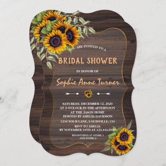ロマンチックな水の色ひまわりウッドブライダルシャワー 招待状 (正面/裏面)