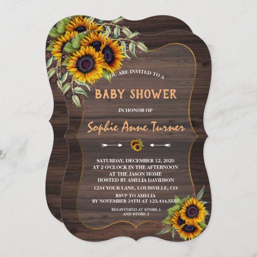 ロマンチックな水の色ひまわり木の赤ちゃんシャワー 招待状 (正面/裏面)