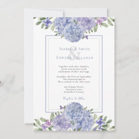 ロマンチックな水の色ほこりっぽいブルーアジサイ結婚ズ 招待状 (正面)
