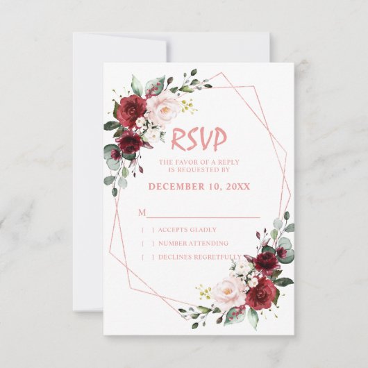 ロマンチックな水の色バーガンディフローラ幾何学的バラ 出欠カード (正面)