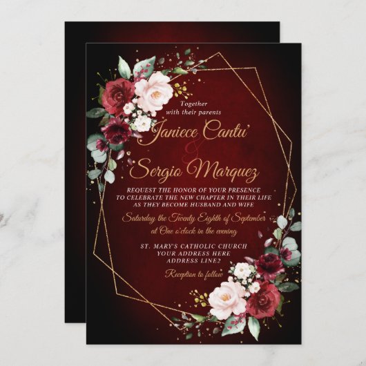 ロマンチックな水の色バーガンディフローラ幾何学的 招待状 (正面/裏面)